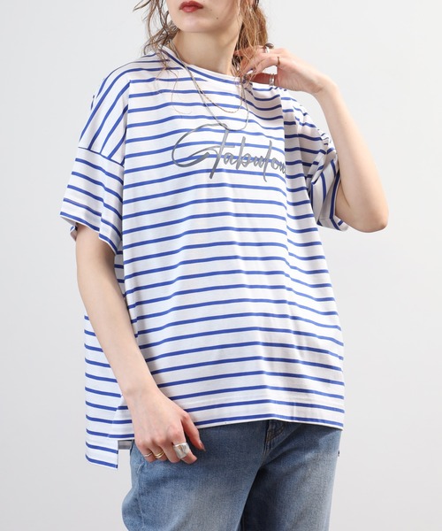 BRODIAEA(ブローディア)の「BRODIAEA ボーダーロゴプリント半袖Tシャツ 日本製(Tシャツ/カットソー・レディース・ブルー/グレー/ダークネイビー・40)」の15枚目の写真