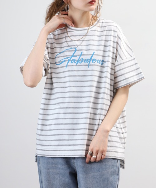 BRODIAEA(ブローディア)の「BRODIAEA ボーダーロゴプリント半袖Tシャツ 日本製(Tシャツ/カットソー・レディース・ブルー/グレー/ダークネイビー・40)」の4枚目の写真