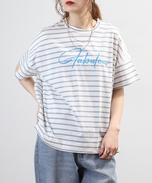BRODIAEA(ブローディア)の「BRODIAEA ボーダーロゴプリント半袖Tシャツ 日本製(Tシャツ/カットソー・レディース・ブルー/グレー/ダークネイビー・40)」の5枚目の写真