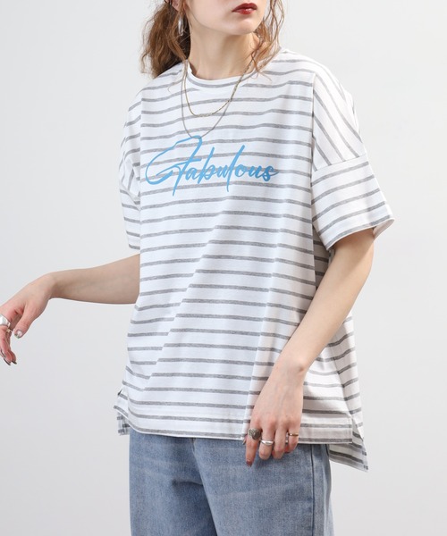 BRODIAEA(ブローディア)の「BRODIAEA ボーダーロゴプリント半袖Tシャツ 日本製(Tシャツ/カットソー・レディース・ブルー/グレー/ダークネイビー・40)」の6枚目の写真