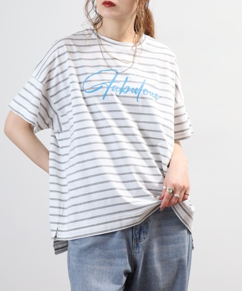 BRODIAEA(ブローディア)の「BRODIAEA ボーダーロゴプリント半袖Tシャツ 日本製(Tシャツ/カットソー・レディース・ブルー/グレー/ダークネイビー・40)」の7枚目の写真
