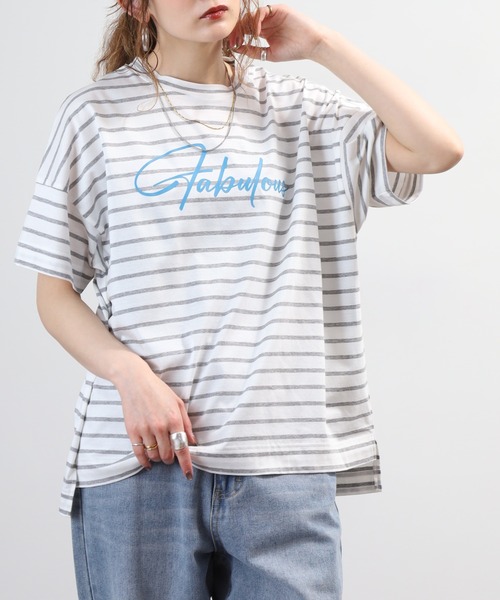 BRODIAEA(ブローディア)の「BRODIAEA ボーダーロゴプリント半袖Tシャツ 日本製(Tシャツ/カットソー・レディース・ブルー/グレー/ダークネイビー・40)」の8枚目の写真