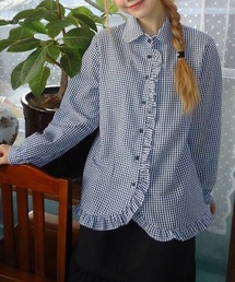 フリル長袖チェック柄シャツ