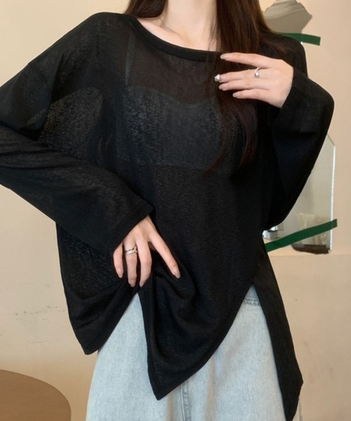 mielu(ミエル)の「サイドスリットワイドサマーニット(ニット/セーター・レディース・ホワイト/ブラック/グリーン・FREE)」の5枚目の写真