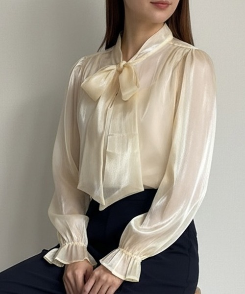 LOWO(ロワ)の「リボンタイパフスリーブとろみ素材ブラウス(シャツ/ブラウス・レディース・ピンク/ホワイト/ブラック/アイボリー・FREE)」の11枚目の写真