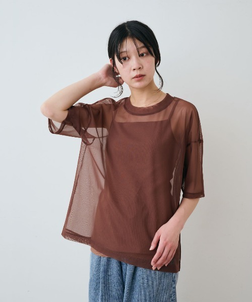 THREE FIFTY STANDARD(スリーフィフティースタンダード)の「THREE FIFTY STANDARD シアーなオーバーTシャツ(Tシャツ/カットソー・レディース・ブルー/チョコ/ブラック・M/L/LL/3L)」の1枚目の写真