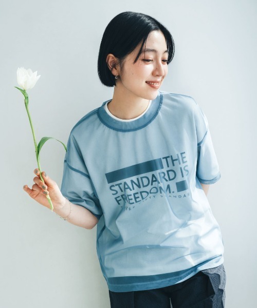 THREE FIFTY STANDARD(スリーフィフティースタンダード)の「THREE FIFTY STANDARD シアーなオーバーTシャツ(Tシャツ/カットソー・レディース・ブルー/チョコ/ブラック・M/L/LL/3L)」の4枚目の写真