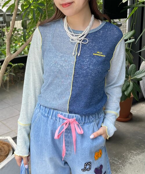 HELLO.SANFRANCISCO(ハローサンフランシスコ)の「【HELLO.SANFRANCISCO/ハローサンフランシスコ】配色切替ポコポコメロウTEE(Tシャツ/カットソー・レディース・オレンジ/イエロー・ONE SIZE)」の1枚目の写真