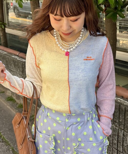 HELLO.SANFRANCISCO(ハローサンフランシスコ)の「【HELLO.SANFRANCISCO/ハローサンフランシスコ】配色切替ポコポコメロウTEE(Tシャツ/カットソー・レディース・オレンジ/イエロー・ONE SIZE)」の16枚目の写真