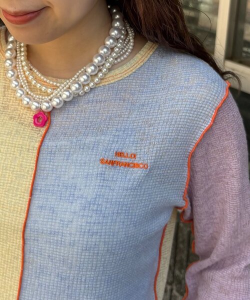 HELLO.SANFRANCISCO(ハローサンフランシスコ)の「【HELLO.SANFRANCISCO/ハローサンフランシスコ】配色切替ポコポコメロウTEE(Tシャツ/カットソー・レディース・オレンジ/イエロー・ONE SIZE)」の12枚目の写真