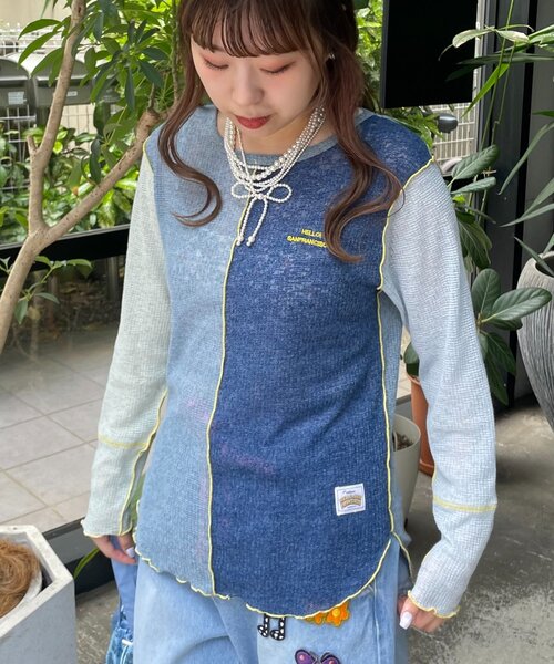 HELLO.SANFRANCISCO(ハローサンフランシスコ)の「【HELLO.SANFRANCISCO/ハローサンフランシスコ】配色切替ポコポコメロウTEE(Tシャツ/カットソー・レディース・オレンジ/イエロー・ONE SIZE)」の14枚目の写真