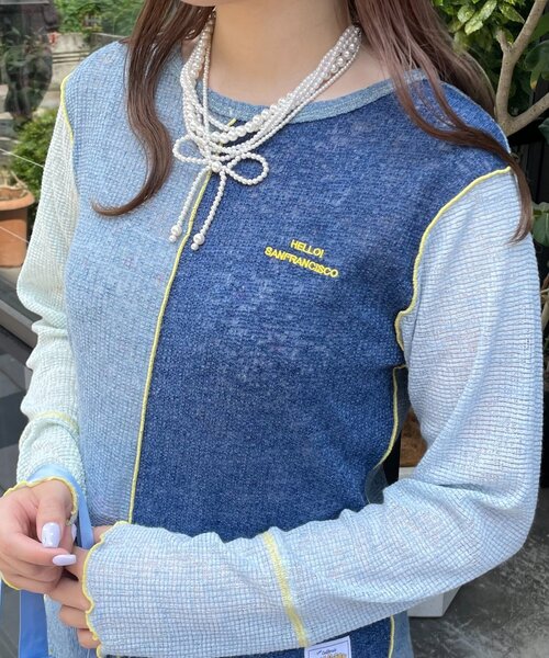 HELLO.SANFRANCISCO(ハローサンフランシスコ)の「【HELLO.SANFRANCISCO/ハローサンフランシスコ】配色切替ポコポコメロウTEE(Tシャツ/カットソー・レディース・オレンジ/イエロー・ONE SIZE)」の3枚目の写真