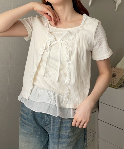 merrylatte(メリーラテ)の「レイヤード カーディガンデザイン フリル レース トップス【NOUA】(Tシャツ/カットソー・レディース・グレー/ホワイト・FREE)」の3枚目の写真