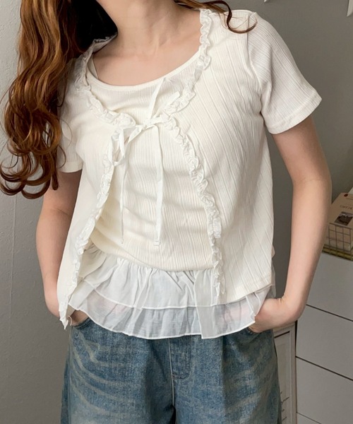 merrylatte(メリーラテ)の「レイヤード カーディガンデザイン フリル レース トップス【NOUA】(Tシャツ/カットソー・レディース・グレー/ホワイト・FREE)」の6枚目の写真