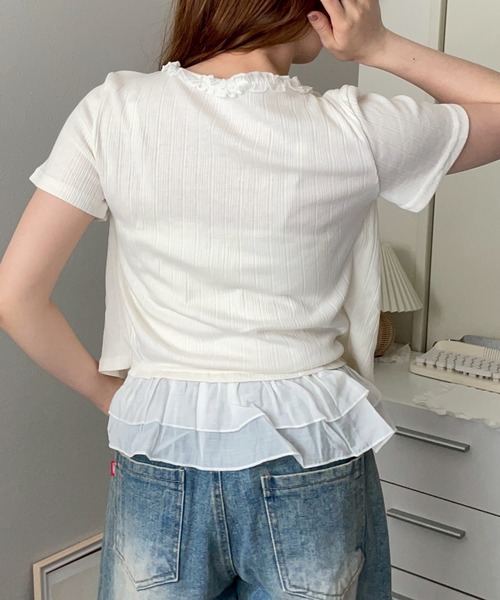 merrylatte(メリーラテ)の「レイヤード カーディガンデザイン フリル レース トップス【NOUA】(Tシャツ/カットソー・レディース・グレー/ホワイト・FREE)」の12枚目の写真