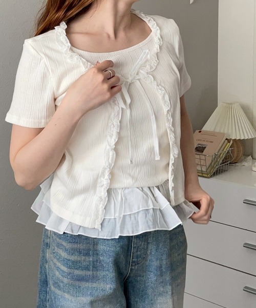 merrylatte(メリーラテ)の「レイヤード カーディガンデザイン フリル レース トップス【NOUA】(Tシャツ/カットソー・レディース・グレー/ホワイト・FREE)」の13枚目の写真