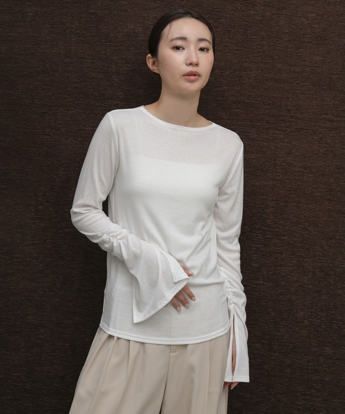 select MOCA Et（セレクトモカエト）の「【Et】Slit Sleeve Tops（Tシャツ/カットソー・レディース・ホワイト/グレー/ブラック・FREE）」の2枚目の写真
