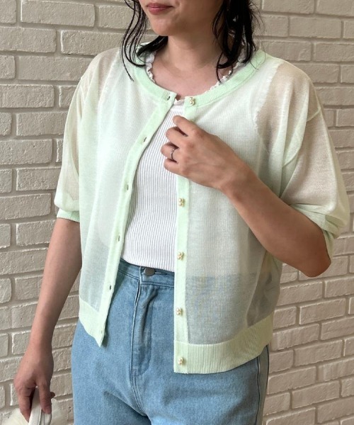 couture brooch(クチュールブローチ)の「【前後2WAY・洗える】愛され5分袖シアーカーディガン(カーディガン/ボレロ・レディース・ベビーピンク/ブラック/ライトグリーン/オフホワイト・36/38/40/42)」の6枚目の写真