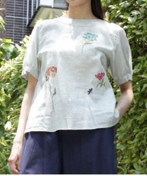 綿麻ローン ビッグフローラルフラワー刺繍ブラウス