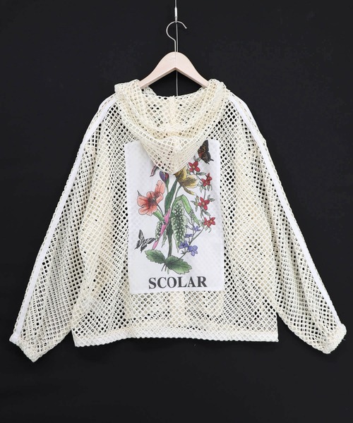 ScoLar(スカラー)の「162687:熱帯花柄アップリケ付き ライン入りメッシュパーカー(パーカー・レディース・アイボリー/ブラウン・M)」の2枚目の写真