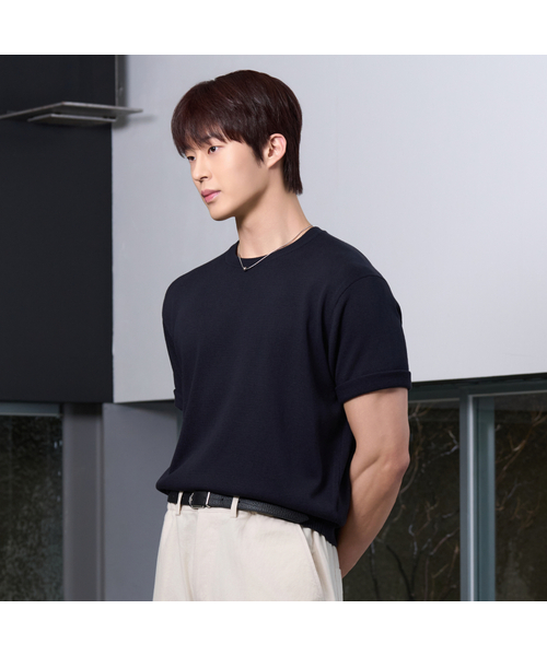 HYOJI(ヒョージ)の「26 SS ウォッシャブルリネンラウンドクロップニット(6カラー)(ニット/セーター・メンズ・ブラック/チャコール/グレー/ネイビー/クリーム/レッド・M/L/XL/S)」の1枚目の写真
