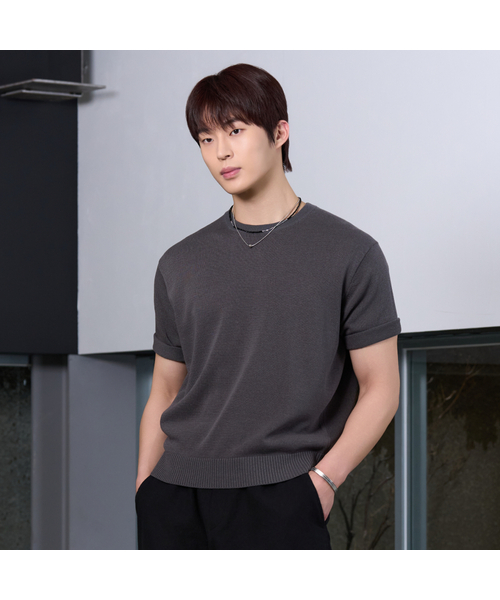 HYOJI(ヒョージ)の「26 SS ウォッシャブルリネンラウンドクロップニット(6カラー)(ニット/セーター・メンズ・ブラック/チャコール/グレー/ネイビー/クリーム/レッド・M/L/XL/S)」の4枚目の写真