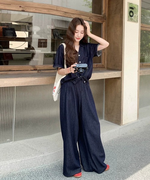 FAVORITO(ファヴォリート)の「デニムトップスワイドパンツセットアップ(セットアップ・レディース・ダークブルー・S/M/L/XL)」の5枚目の写真