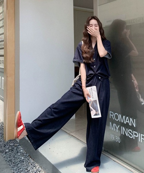 FAVORITO(ファヴォリート)の「デニムトップスワイドパンツセットアップ(セットアップ・レディース・ダークブルー・S/M/L/XL)」の6枚目の写真