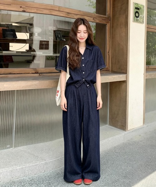 FAVORITO(ファヴォリート)の「デニムトップスワイドパンツセットアップ(セットアップ・レディース・ダークブルー・S/M/L/XL)」の4枚目の写真