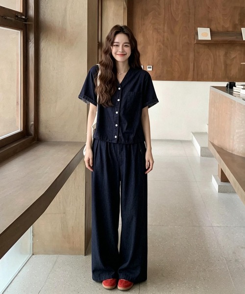FAVORITO(ファヴォリート)の「デニムトップスワイドパンツセットアップ(セットアップ・レディース・ダークブルー・S/M/L/XL)」の7枚目の写真