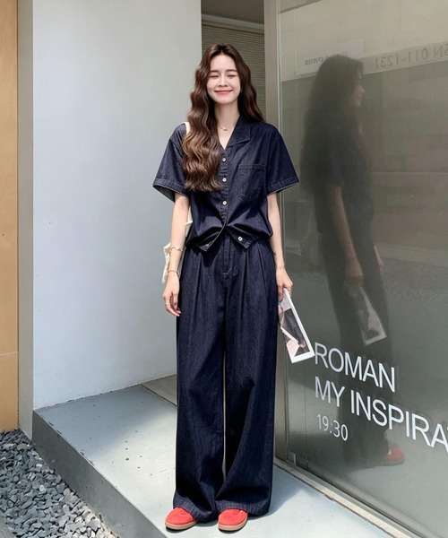 FAVORITO(ファヴォリート)の「デニムトップスワイドパンツセットアップ(セットアップ・レディース・ダークブルー・S/M/L/XL)」の8枚目の写真