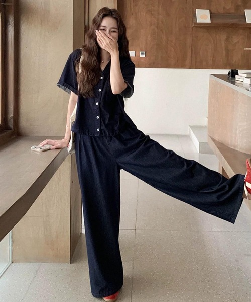 FAVORITO(ファヴォリート)の「デニムトップスワイドパンツセットアップ(セットアップ・レディース・ダークブルー・S/M/L/XL)」の10枚目の写真