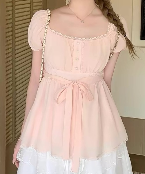 ViViDAY(ビビデー)の「ウエストリボン ボリュームショートブラウス(シャツ/ブラウス・レディース・アイボリー/ピンク・M)」の2枚目の写真