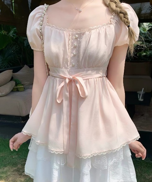 ViViDAY(ビビデー)の「ウエストリボン ボリュームショートブラウス(シャツ/ブラウス・レディース・アイボリー/ピンク・M)」の11枚目の写真