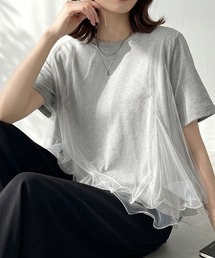 Tシャツなのにブラウス級 チュールレイヤードTシャツ ペプラム風 チュール フリル Tシャツ 半袖 トップス カットソー チュールドッキングTシャツ チュールレイヤードトップス ドッキング ショート 春服 夏服