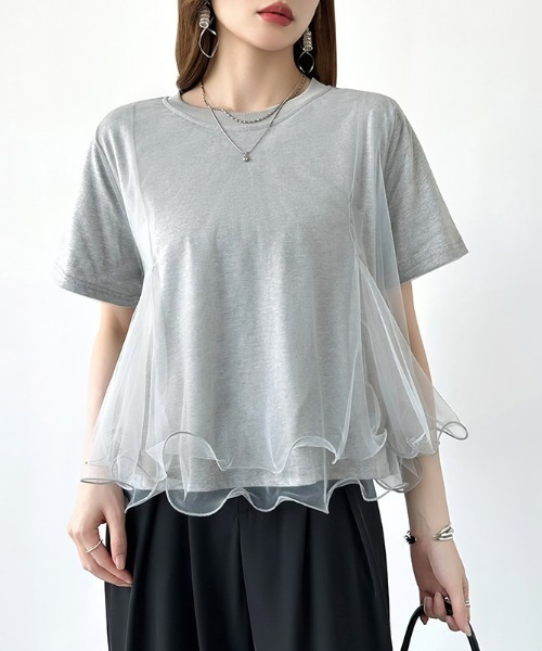 COCOMOMO（ココモモ）の「Tシャツなのにブラウス級 チュールレイヤードTシャツ ペプラム風 チュール フリル Tシャツ 半袖 トップス カットソー チュールドッキングTシャツ チュールレイヤードトップス ドッキング ショート 春服 夏服（Tシャツ/カットソー・レディース・ホワイト/ブラック/グレー・FREE）」の19枚目の写真