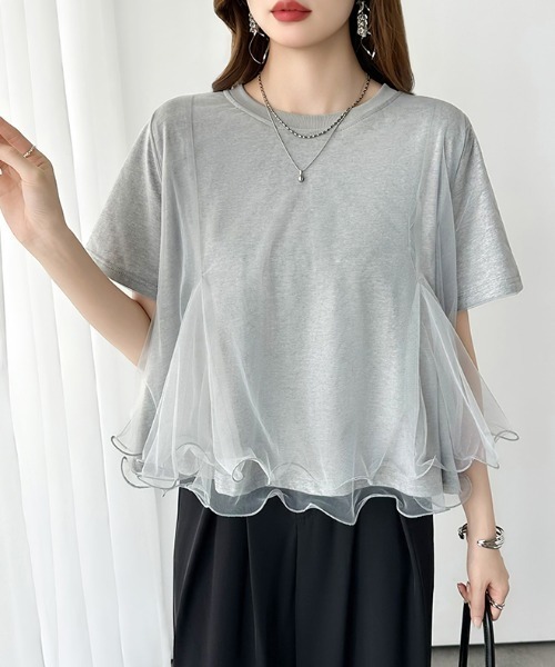 COCOMOMO（ココモモ）の「Tシャツなのにブラウス級 チュールレイヤードTシャツ ペプラム風 チュール フリル Tシャツ 半袖 トップス カットソー チュールドッキングTシャツ チュールレイヤードトップス ドッキング ショート 春服 夏服（Tシャツ/カットソー・レディース・ホワイト/ブラック/グレー・FREE）」の7枚目の写真