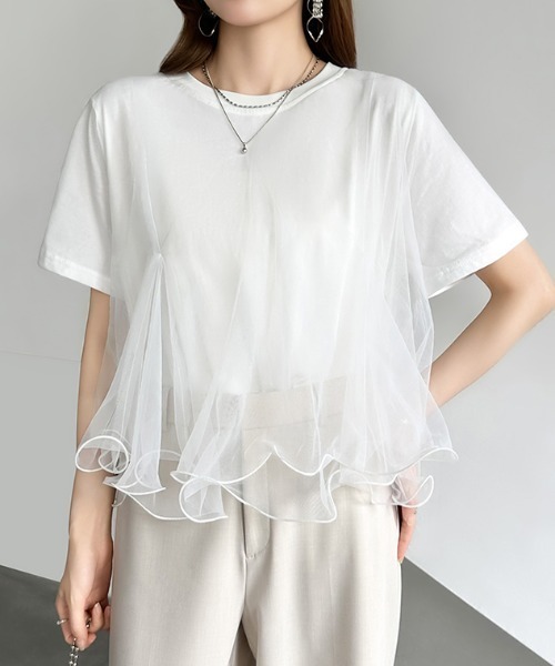 COCOMOMO（ココモモ）の「Tシャツなのにブラウス級 チュールレイヤードTシャツ ペプラム風 チュール フリル Tシャツ 半袖 トップス カットソー チュールドッキングTシャツ チュールレイヤードトップス ドッキング ショート 春服 夏服（Tシャツ/カットソー・レディース・ホワイト/ブラック/グレー・FREE）」の10枚目の写真