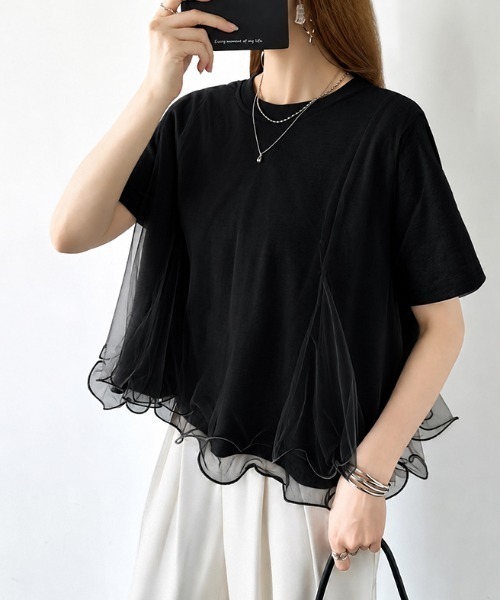 COCOMOMO（ココモモ）の「Tシャツなのにブラウス級 チュールレイヤードTシャツ ペプラム風 チュール フリル Tシャツ 半袖 トップス カットソー チュールドッキングTシャツ チュールレイヤードトップス ドッキング ショート 春服 夏服（Tシャツ/カットソー・レディース・ホワイト/ブラック/グレー・FREE）」の11枚目の写真
