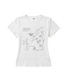 ラインハンドドローイングプリンティングスリムフィット半袖Tシャツアイボリー