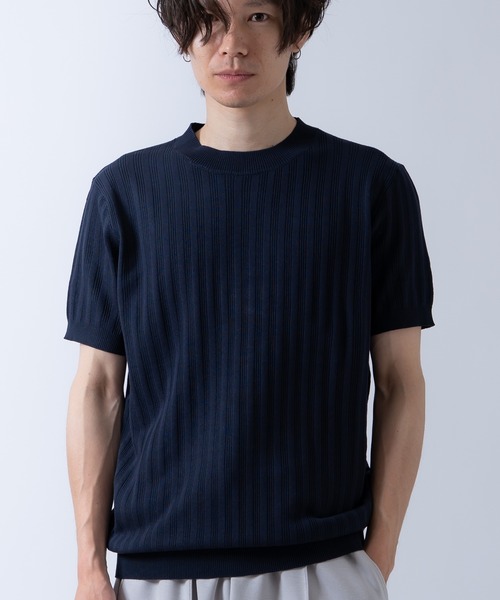 Crownor（クラウノアー）の「ジャガードストライプ 半袖 ニットTシャツ（ニット/セーター・メンズ・ネイビー/ブラック/ホワイト/ライトブルー・LARGE/MEDIUM）」の4枚目の写真