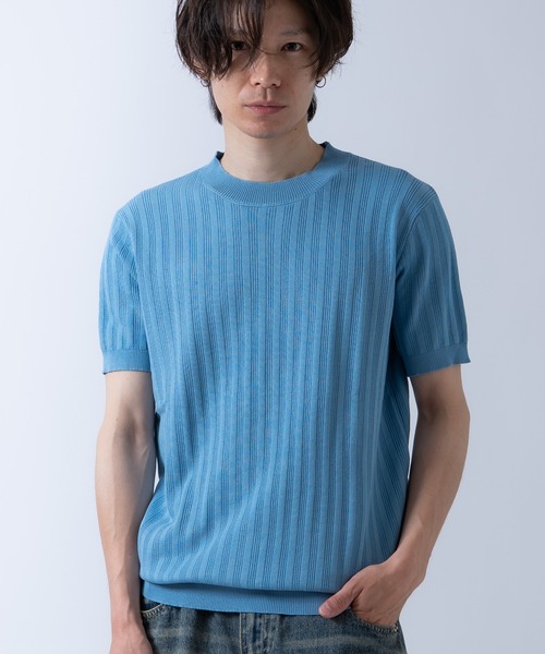Crownor（クラウノアー）の「ジャガードストライプ 半袖 ニットTシャツ（ニット/セーター・メンズ・ネイビー/ブラック/ホワイト/ライトブルー・LARGE/MEDIUM）」の3枚目の写真