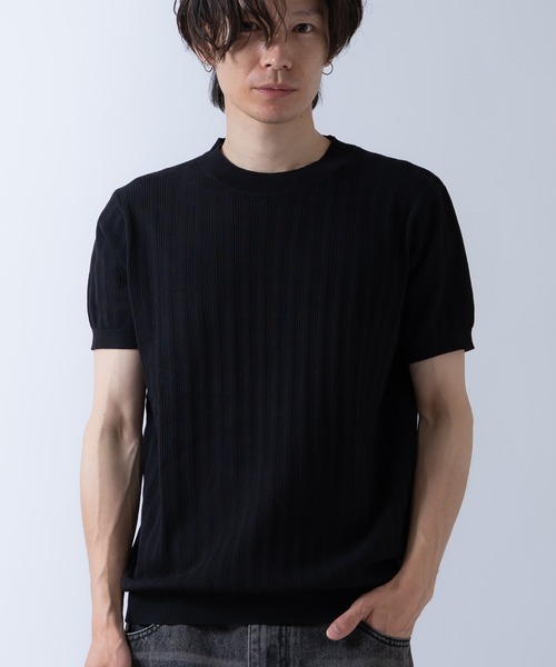 Crownor（クラウノアー）の「ジャガードストライプ 半袖 ニットTシャツ（ニット/セーター・メンズ・ネイビー/ブラック/ホワイト/ライトブルー・LARGE/MEDIUM）」の2枚目の写真