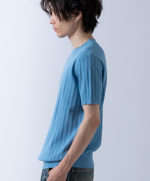 Crownor（クラウノアー）の「ジャガードストライプ 半袖 ニットTシャツ（ニット/セーター・メンズ・ネイビー/ブラック/ホワイト/ライトブルー・LARGE/MEDIUM）」の11枚目の写真