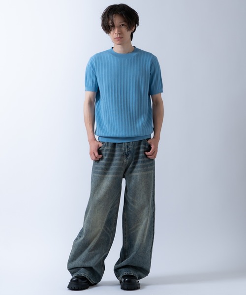 Crownor（クラウノアー）の「ジャガードストライプ 半袖 ニットTシャツ（ニット/セーター・メンズ・ネイビー/ブラック/ホワイト/ライトブルー・LARGE/MEDIUM）」の13枚目の写真