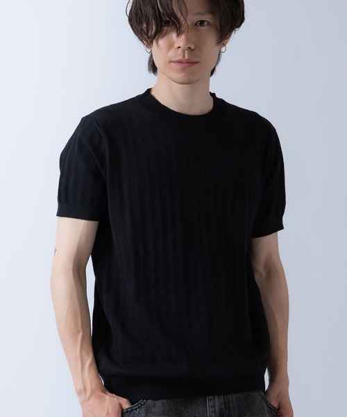 Crownor（クラウノアー）の「ジャガードストライプ 半袖 ニットTシャツ（ニット/セーター・メンズ・ネイビー/ブラック/ホワイト/ライトブルー・LARGE/MEDIUM）」の18枚目の写真