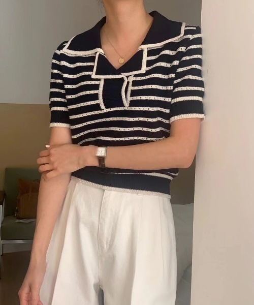 Aelina(エリナ)の「ボーダー柄ニットトップス(ニット/セーター・レディース・ブラック/ホワイト/ブルーグレー・FREE)」の10枚目の写真