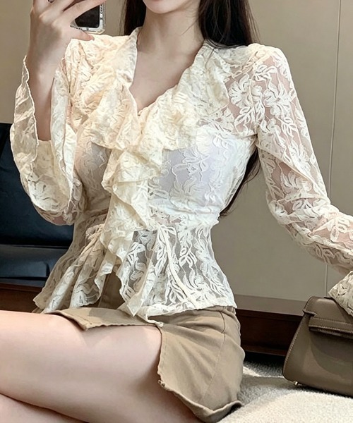 Miniministore(ミニミニストア)の「透かし編みトップス花柄レースカーディガン(シャツ/ブラウス・レディース・ブラック/アイボリー・FREE)」の9枚目の写真