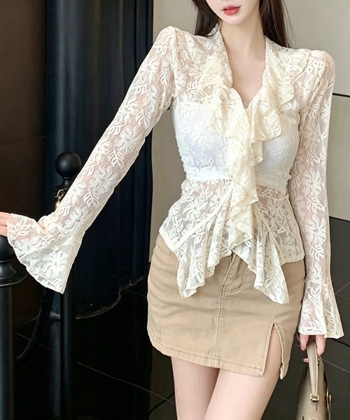 Miniministore(ミニミニストア)の「透かし編みトップス花柄レースカーディガン(シャツ/ブラウス・レディース・ブラック/アイボリー・FREE)」の10枚目の写真