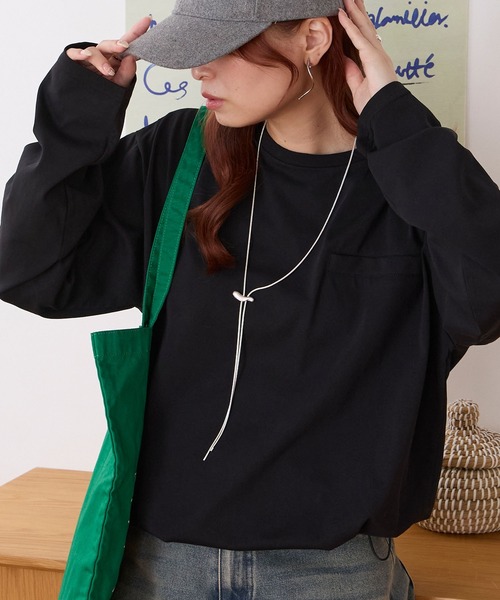 MONO-MART（モノマート）の「なめらかシルケット｜裾ドロスト フェイクポケットデザイン ルーズロンT ＜UVカット＞（Tシャツ/カットソー・レディース・ブラウン/グレイッシュブルー/イエロー系/オフホワイト/ダークグレー/グレイッシュベージュ/ブラック・M/L）」の3枚目の写真